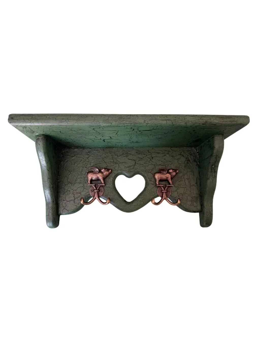 Vintage Green Wall  Shelf Pig Hooks & Heart Cutout Rustic Distressed